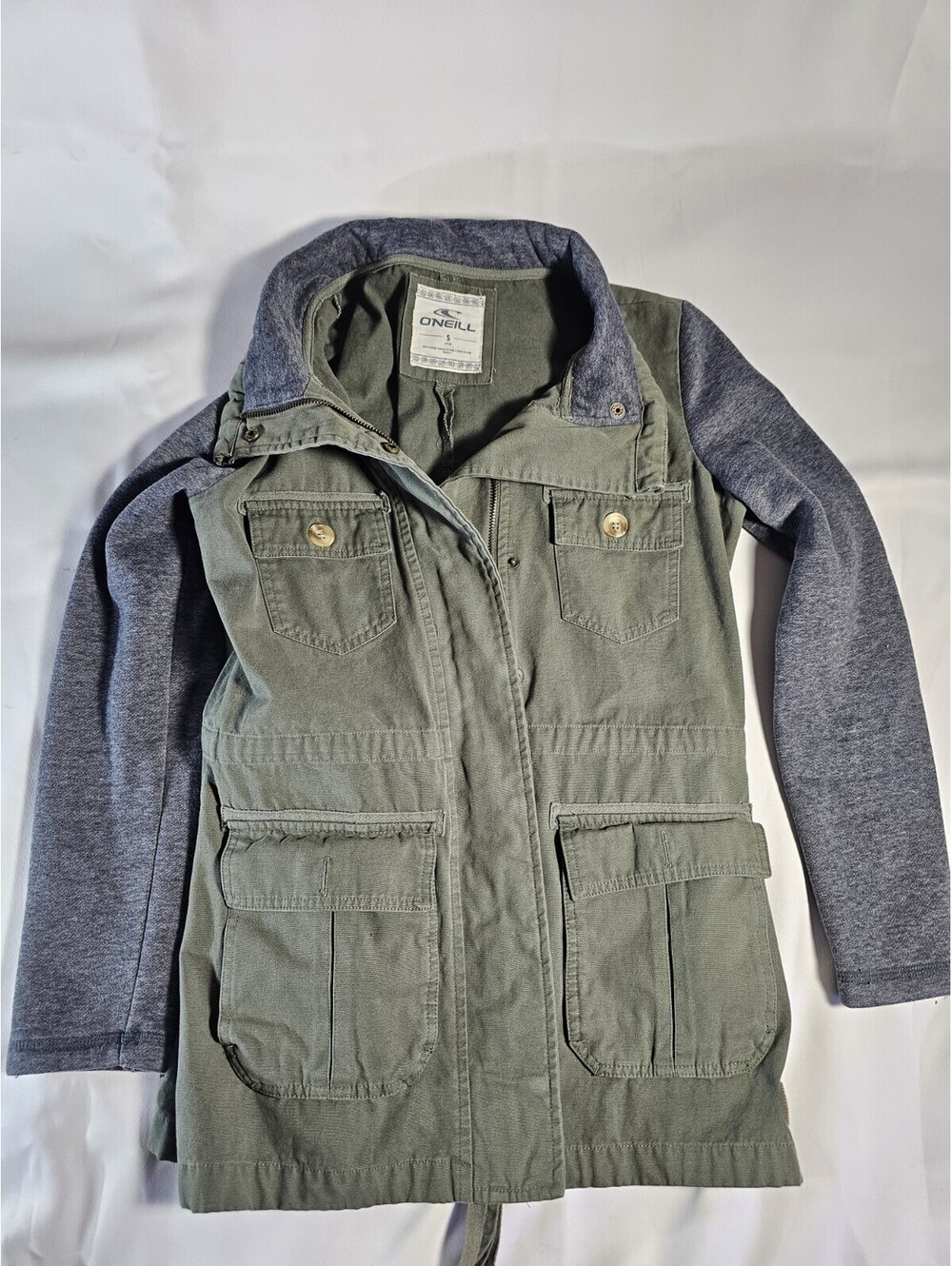 O'Neill Olive Green Military Anorak Jacket Gray Knit Sleeve Small S